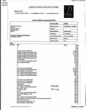 Une facture expurgée pour les frais de service au sol pour une étape du voyage d'une semaine du gouverneur général au Moyen-Orient à l'Expo 2020 à Dubaï plus tôt cette année.  Les coûts unitaires et les quantités ont été expurgés avant sa publication.