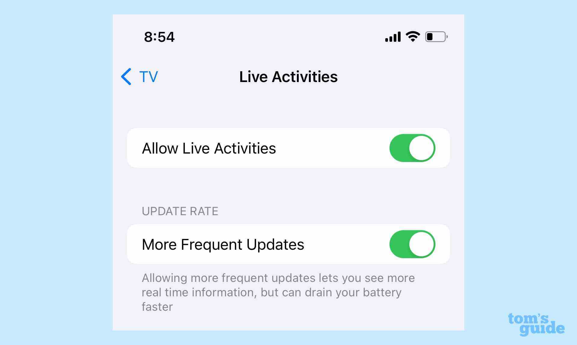 Paramètres des activités en direct iOS 16.2