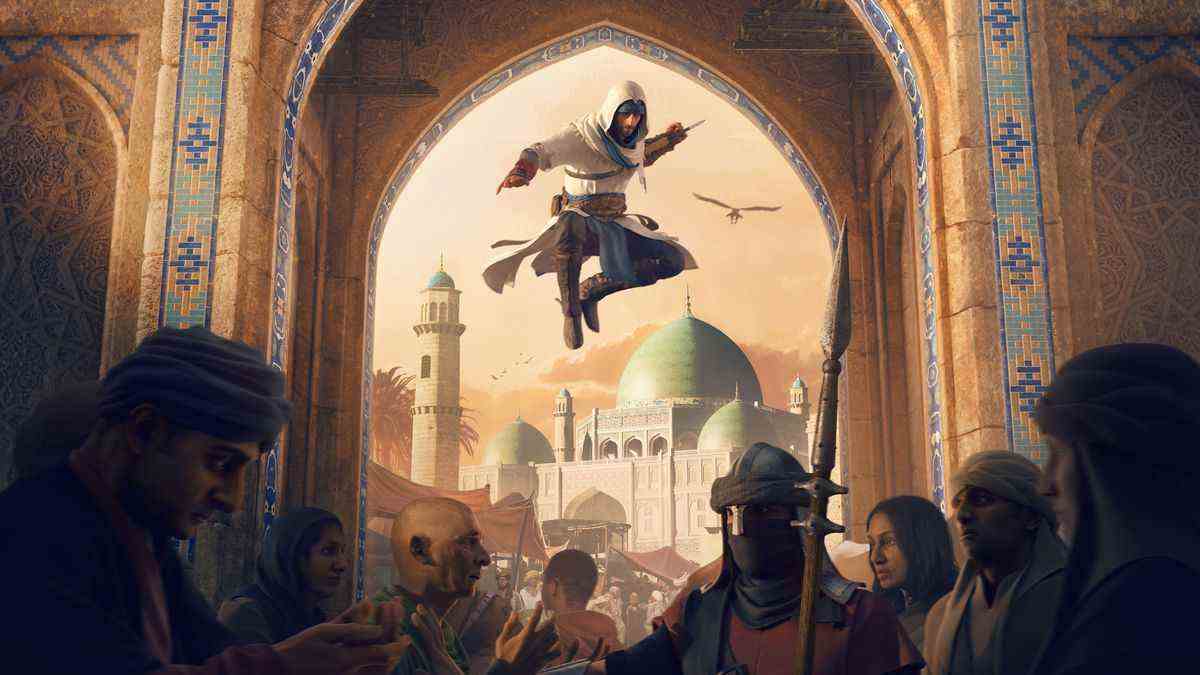 Basim d'Assassin's Creed Mirage sautant du dessus d'un groupe de personnes