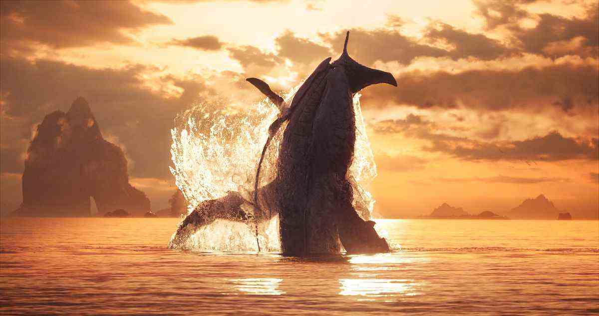 une baleine de l'espace sautant hors de l'eau contre un coucher de soleil majestueux dans avatar : la voie de l'eau