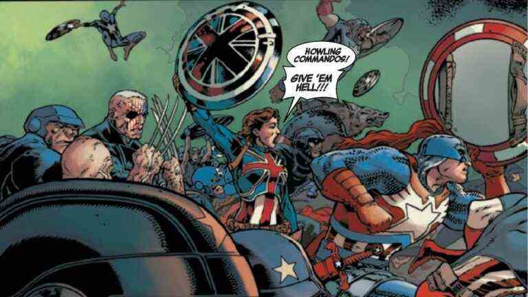 Une armée de la variante Captain Americas combat une armée de la variante Mephistos dans Avengers Forever # 12