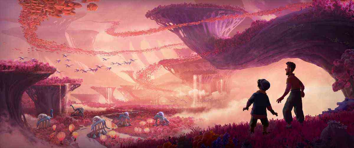 dans une scène de Strange World, un paysage magnifique, où tout est orange, rose et rouge ;  deux silhouettes regardent fixement le point de vue, qui est plein de structures en forme de falaise et d'étranges créatures qui ressemblent à des dinosaures