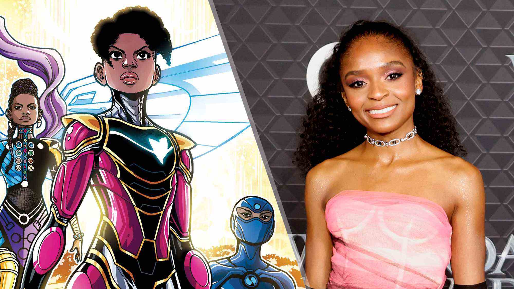 (L, R) Riri Williams/Ironheart dans les bandes dessinées, debout en armure, et Dominique Thorne, qui jouera Ironheart/Riri Williams, assistant à Marvel Studios "Panthère noire : Wakanda pour toujours" première