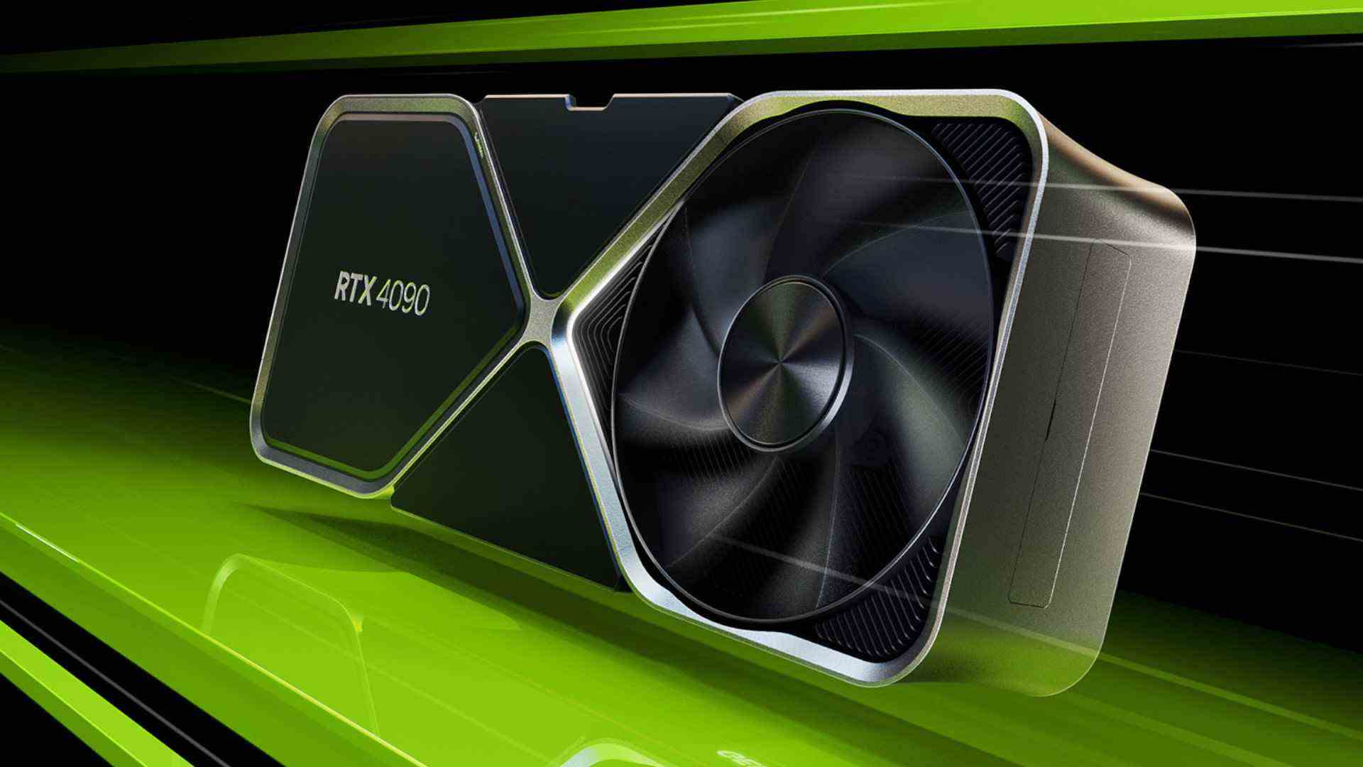 La carte graphique Nvidia GeForce RTX 4090 sur un fond noir avec des stries vertes