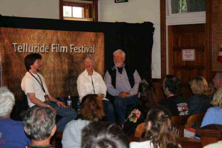 Bill & Stella Pence with Ken Burns (left) at the Telluride Film Festival on the day that they announced their departure from the Festival in 2006. Photo by Eugene Hernandez