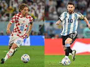 Cette photo combinée prise le 11 décembre 2022 lors de la Coupe du monde de football Qatar 2022 montre le milieu de terrain croate Luka Modric (L) à Doha le 9 décembre 2022 et l'attaquant argentin Lionel Messi à Doha le 3 décembre 2022. - L'Argentine affrontera la Croatie lors de la demi-finale de la Coupe du monde de football Qatar 2022 à Doha le 13 décembre 2022. (Photo de Nelson ALMEIDA et Alfredo ESTRELLA / AFP) (Photo de NELSON ALMEIDA,ALFREDO ESTRELLA/AFP via Getty Images)