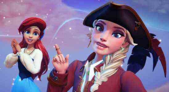 Disney Dreamlight Valley - A player wearing a pirate hat and coat taking a selfie with Ariel.