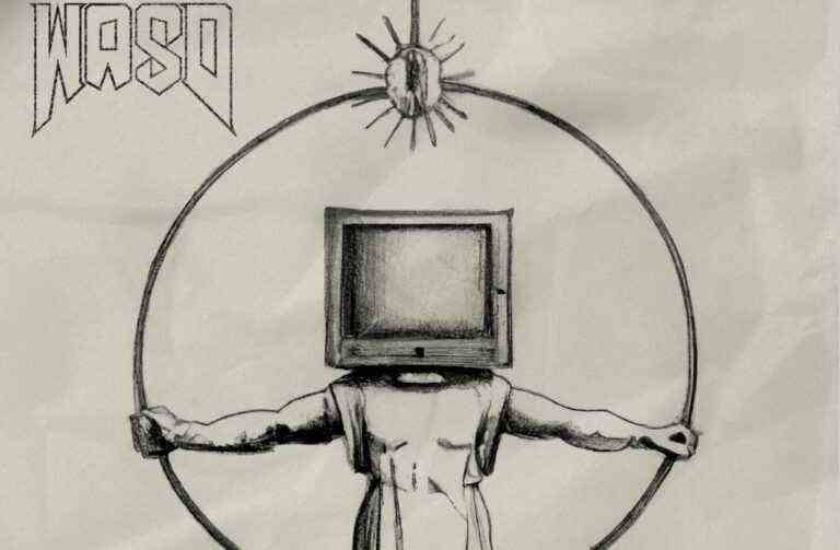 sketch of a man in a circle with a CRT monitor head and a dangling mouse above, text in upper left corner reading 