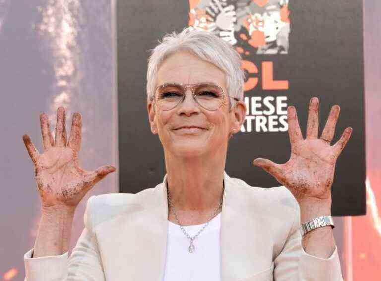 HOLLYWOOD, CALIFORNIA - OCTOBER 12: Jamie Lee Curtis poses after putting her hands in cement during the Jamie Lee Curtis Hand and Footprint In Cement Ceremony at TCL Chinese Theatre on October 12, 2022 in Hollywood, California. (Photo by Kevin Winter/Getty Images)