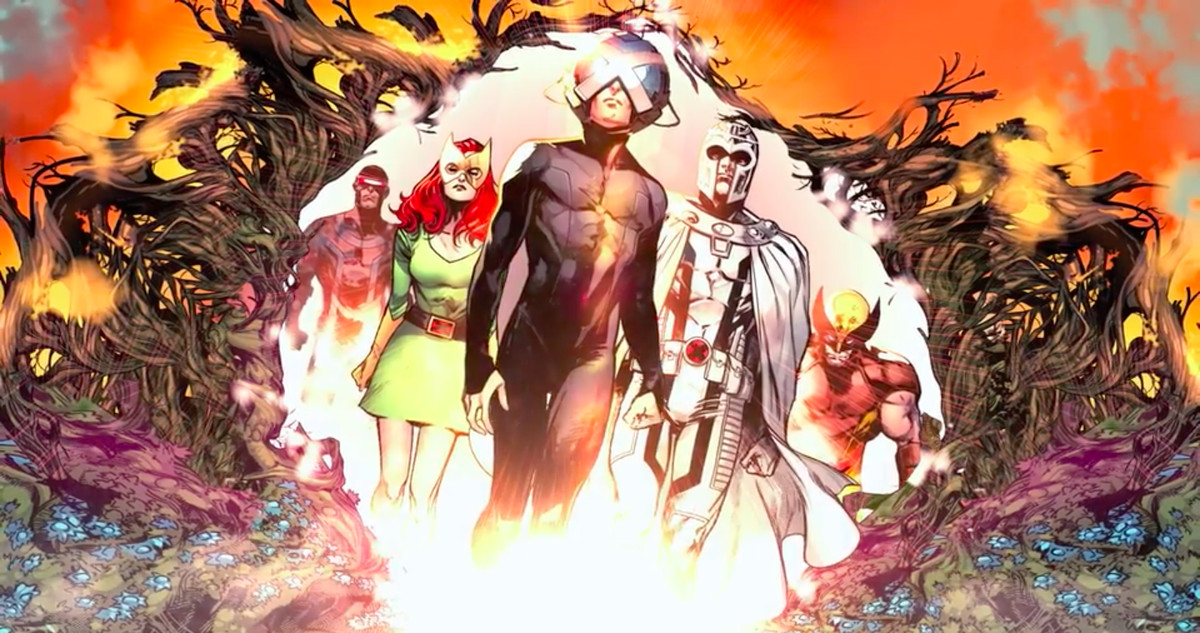 Art promotionnel pour House of X # 1, Marvel Comics (2019) avec le professeur X dans un nouveau casque futuriste, un Magneto blanc, Jean Grey dans une robe verte, Wolverine et Cyclope émergent de la ronce sur l'île mutante de Krakoa