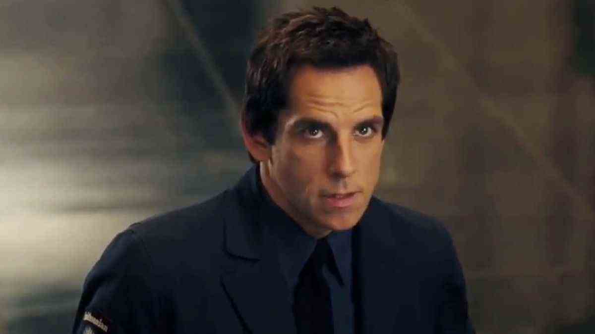 Ben Stiller looks up with scrutiny in Night at the Museum: Battle of the Smithsonian.