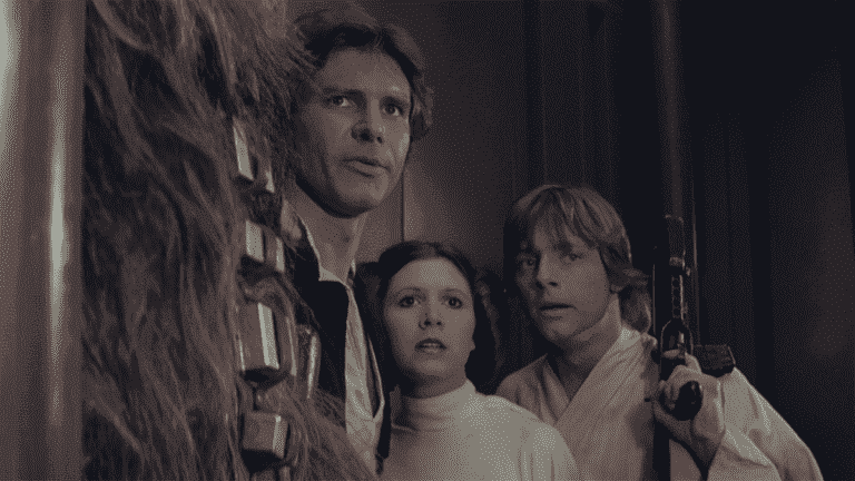 Harrison Ford, Carrie Fisher, and Mark Hamill wandering around the Death Star together in Star Wars.