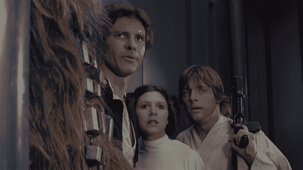 Harrison Ford, Carrie Fisher, and Mark Hamill wandering around the Death Star together in Star Wars.