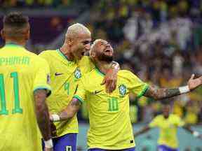 Neymar du Brésil célèbre après avoir marqué le deuxième but de l'équipe contre la Corée du Sud.