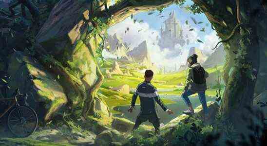 Two young figures look over a lush fantasy landscape which includes a floating castle. Behind them, a dark path leads to a city of modern skyscrapers.