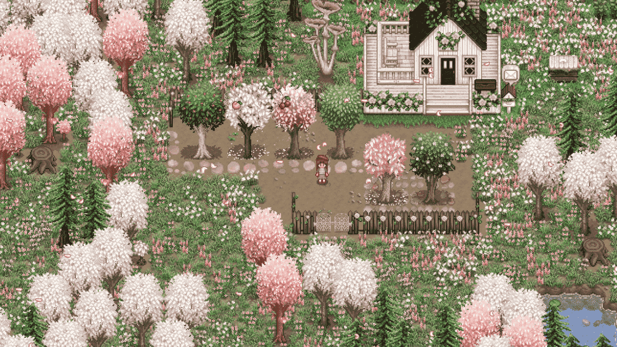 Une ferme de Stardew Valley où les arbres sont dans des teintes rose pastel et les herbes contiennent des fleurs sauvages.  Le jeu a été modifié avec Stardew Foliage Redone.