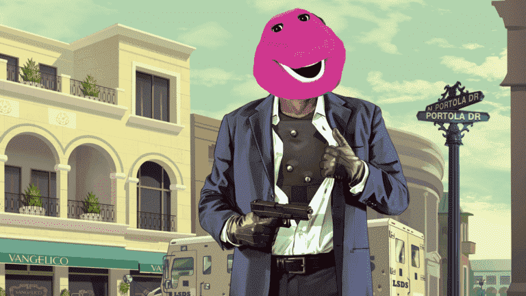 An image of Michael from GTA 5, his head overlaid by that of Barney the Dinosaur.