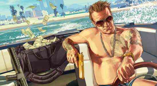 A man holding a gun drives a boat as money flies out the back in GTA Online