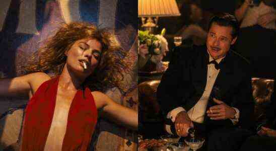 Left, Margot Robbie in Babylon in a red dress with her eyes closed smoking a cigarette. Right, Brad Pitt in Babylon wearing a suit pouring a drink.