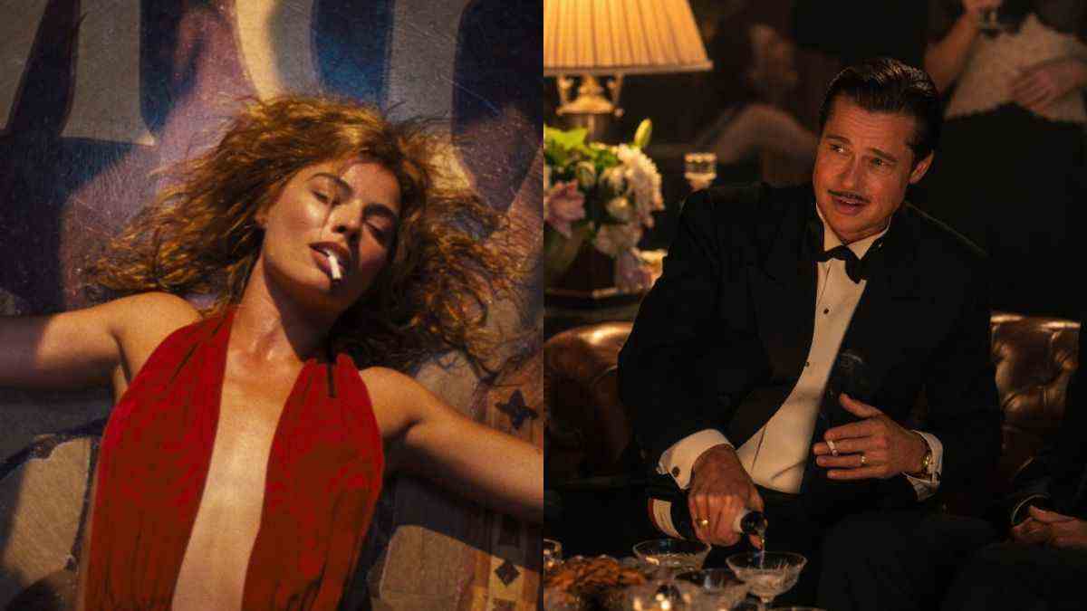 Left, Margot Robbie in Babylon in a red dress with her eyes closed smoking a cigarette. Right, Brad Pitt in Babylon wearing a suit pouring a drink. 