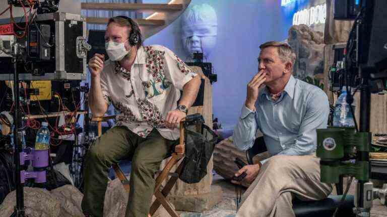 Rian Johnson and Daniel Craig behind the scenes of Glass Onion: A Knives Out Mystery