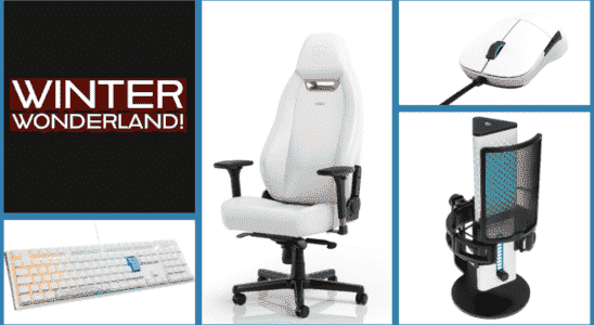 An image showing the gaming chair, mouse, keyboard, and microphone available in the Winter giveaway.