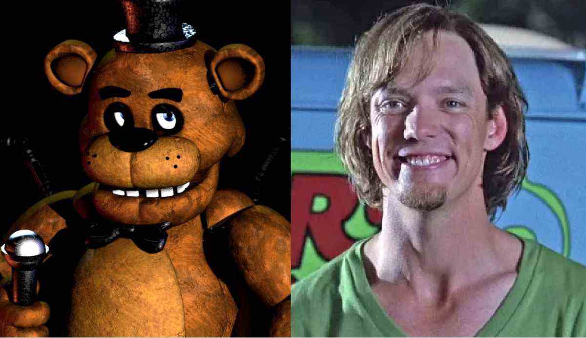 Freddy Fazbear next to Matthew Lillard