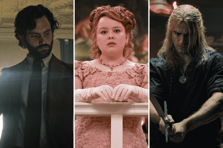 Side-by-side images from "You," "Bridgerton," and "The Witcher"