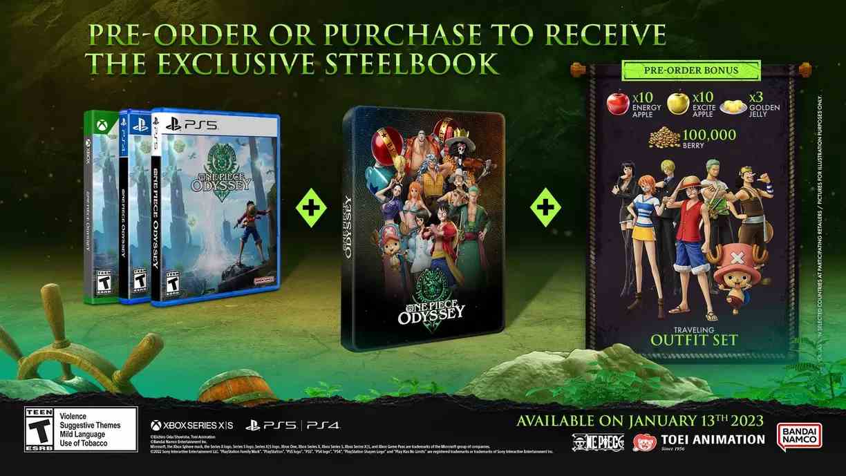 Here is a list of what all of the different physical and digital preorder bonuses are for One Piece Odyssey on PS4, PS5, Xbox Series, and PC - retailers Best Buy GameStop Amazon Bandai Namco Store SteelBook keychain