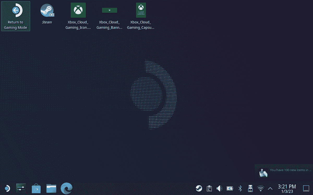 Le bureau du mode bureau du Steam Deck avec une icône pour revenir au mode jeu en surbrillance.