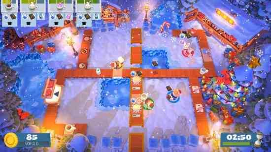 Meilleurs jeux de Noël - quatre joueurs essayant désespérément de préparer un festin de Noël dans Overcooked 2.