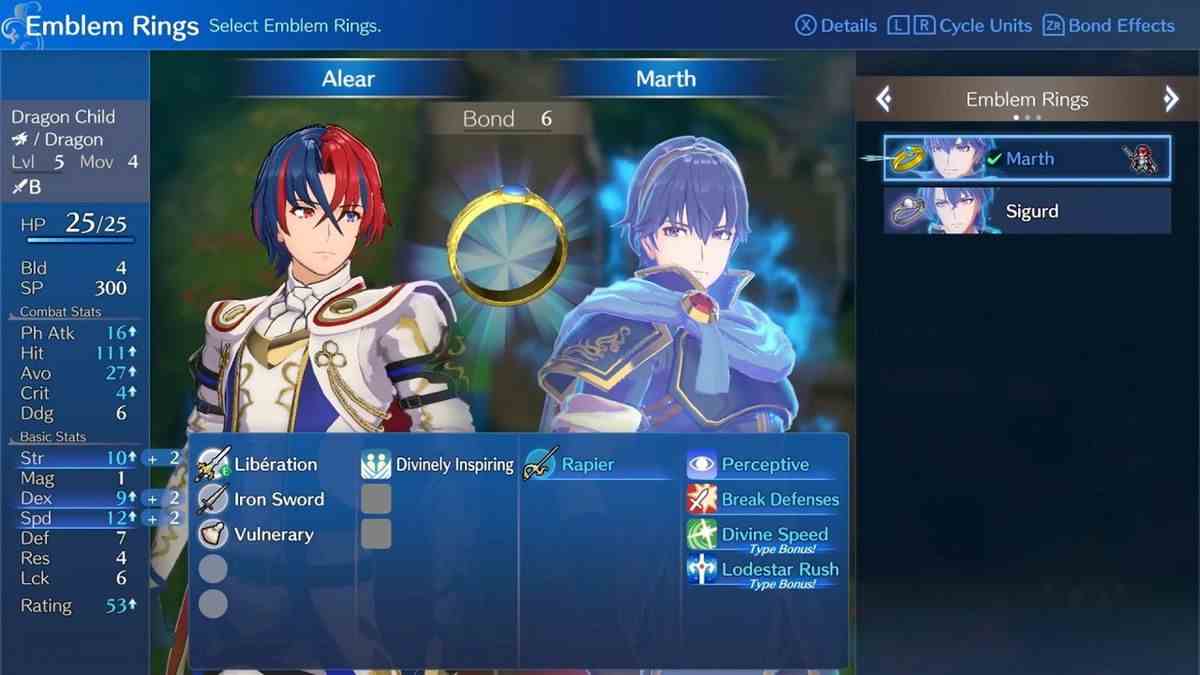 Un écran de menu dans Fire Emblem: Engage montrant le lien entre le protagoniste Alear et Marth, dont Emblem Ring accorde des capacités basées sur l'épée