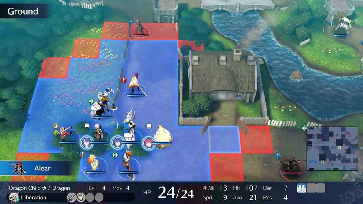 Une vue du champ de bataille dans Fire Emblem: Engage, dans laquelle le protagoniste Alear avance devant son armée pour affronter les ennemis