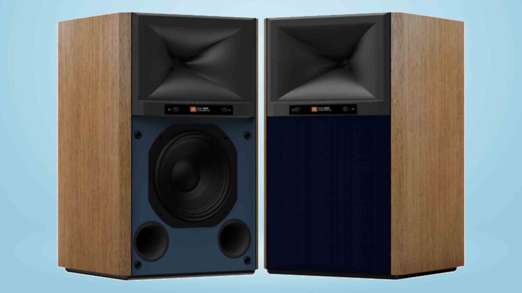 Enceintes JBL 4329P sur fond bleu