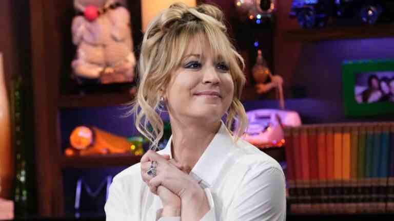 Kaley Cuoco with hair up on Watch What Happens Live