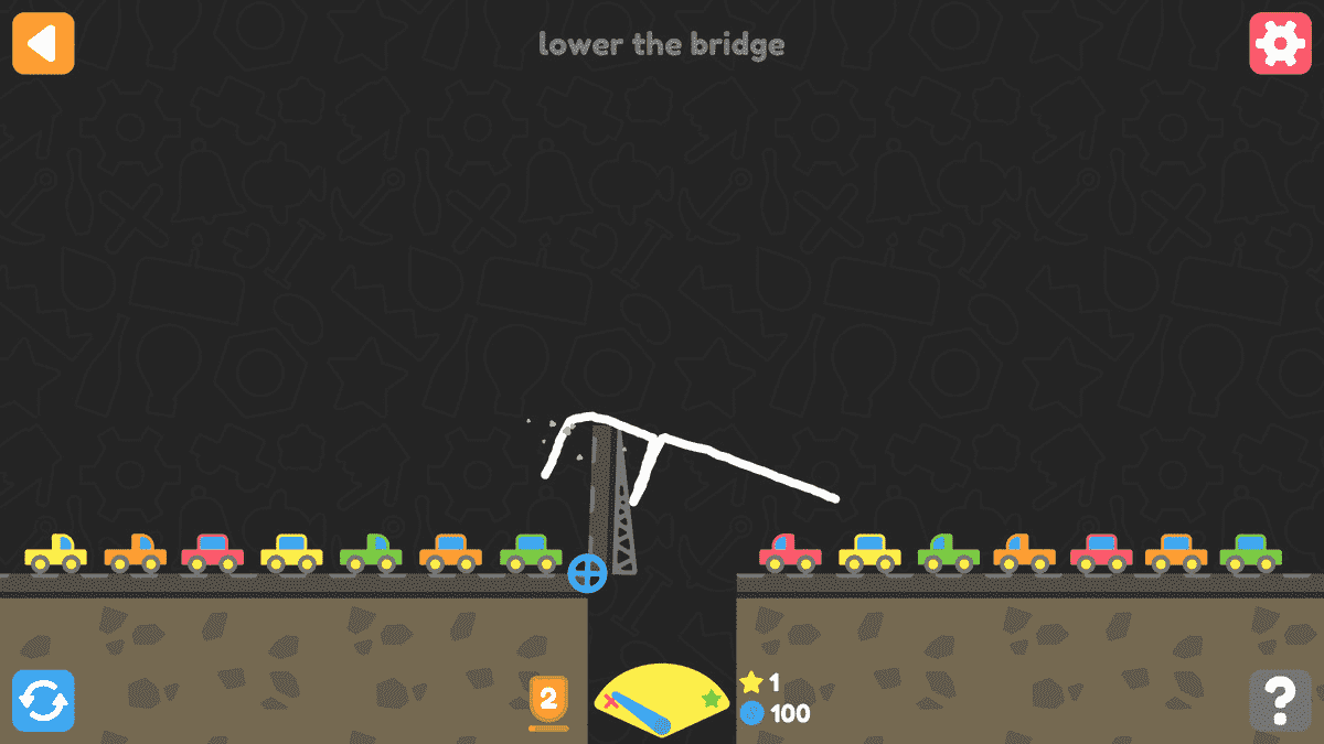 Un levier tiré par le doigt abaisse un pont pour une file d'attente de voitures dans Squiggle Drop