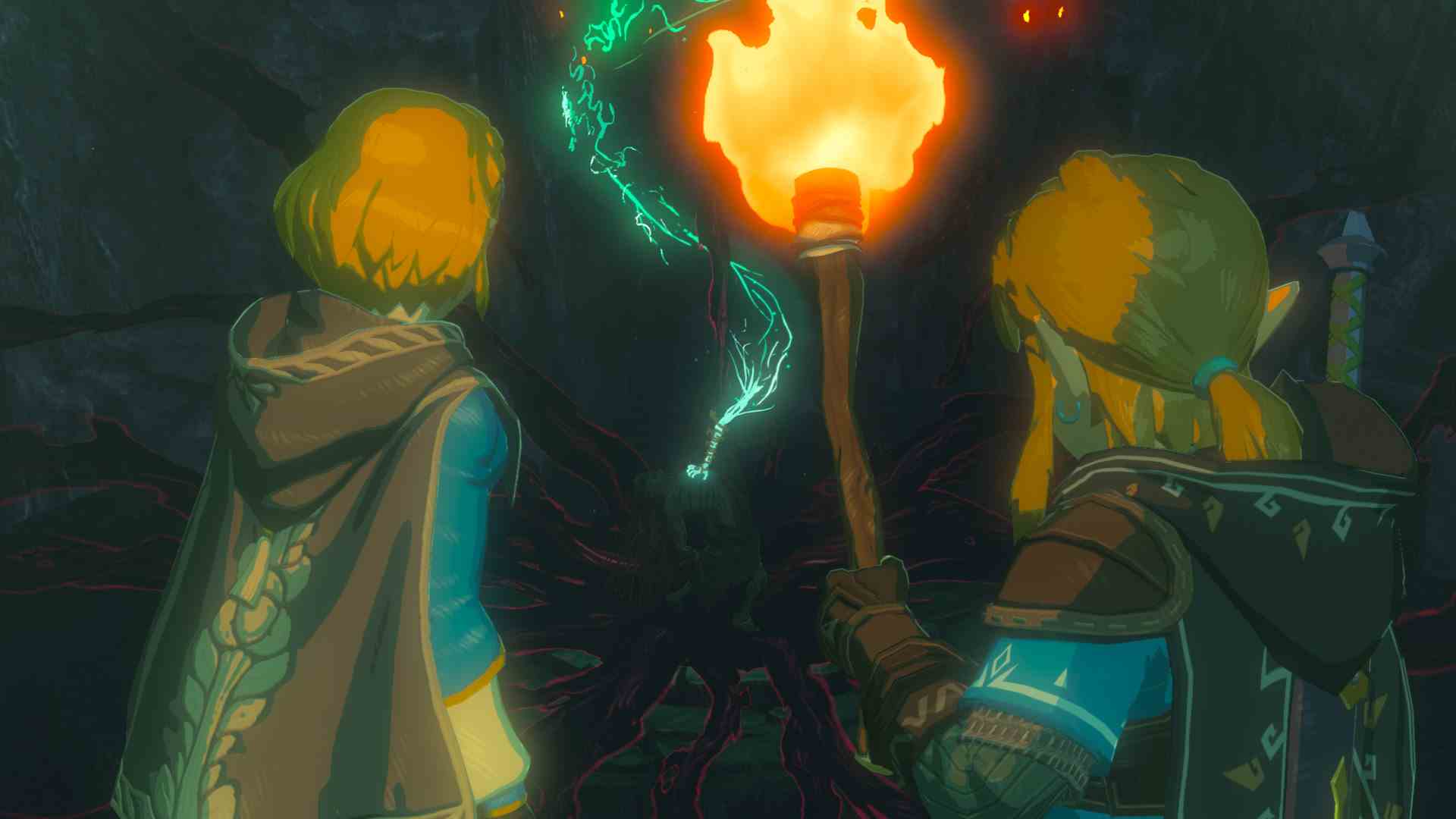 Link et Zelda tenant une torche entrent dans un passage sombre