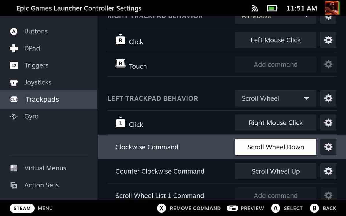 Modification des paramètres du Steam Controller pour mettre le contrôle de la souris sur les trackpads du Steam Deck