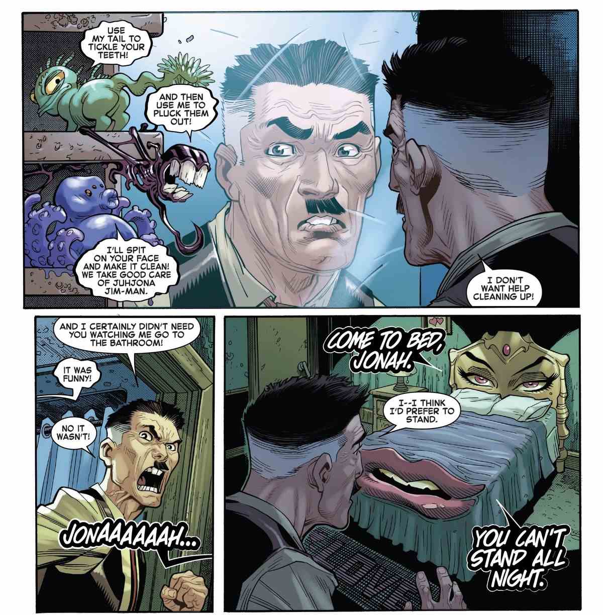 J. Jonah Jameson grimace devant les minuscules démons bavards que ses articles de toilette sont devenus, avant de se tourner vers son lit, qui a des yeux lascivement cagoulés sur sa tête de lit et une énorme bouche boudeuse sur son pied de lit.  