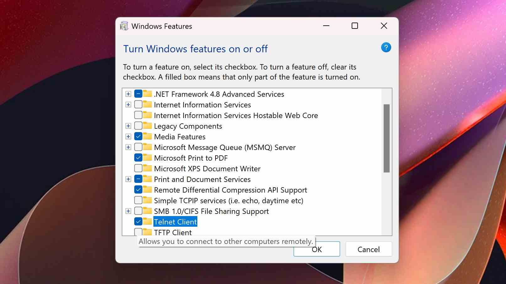 Capture d'écran de la fenêtre Fonctionnalités Windows dans Windows 11