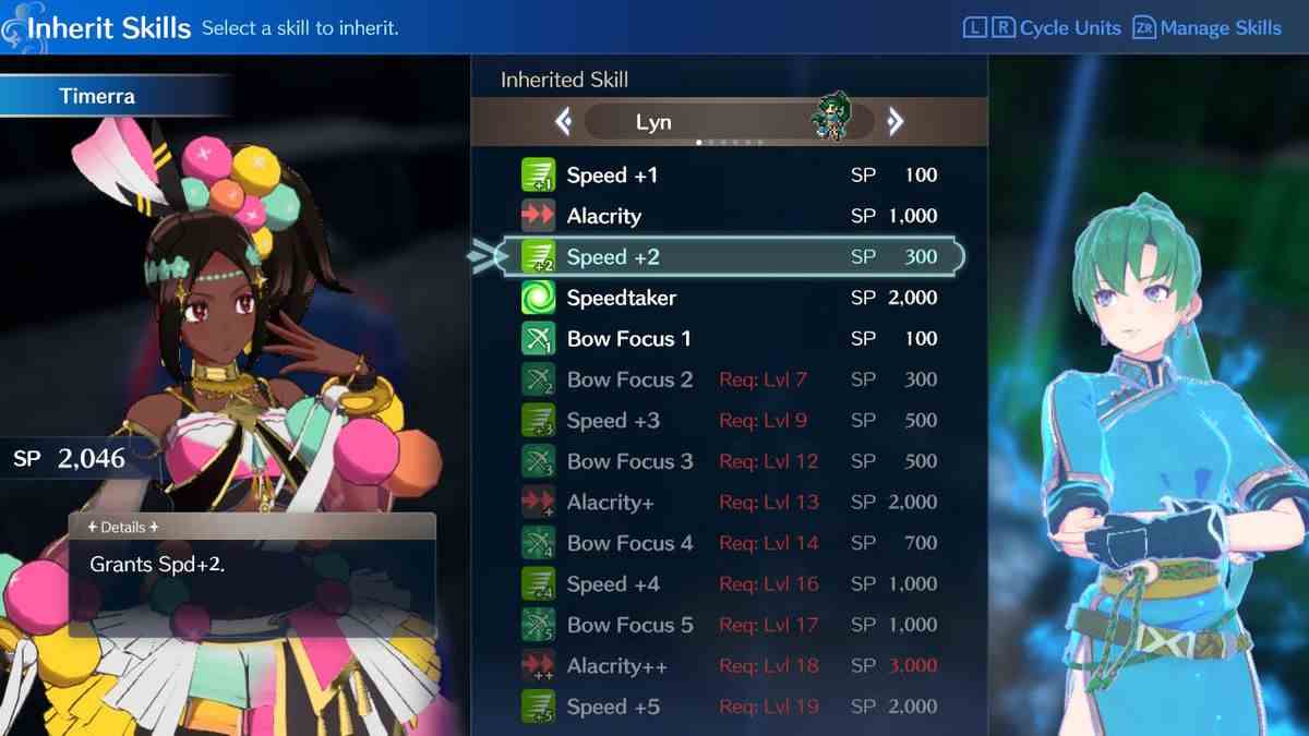 Un menu montrant les compétences possibles que Timerra, une princesse héritière, peut hériter de Lyn, un emblème dans Fire Emblem Engage