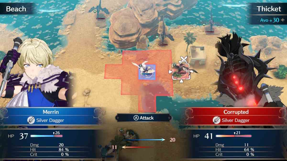 Merrin, un cavalier loup, prépare une attaque au couteau contre un ennemi corrompu dans Fire Emblem Engage