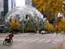 Un livreur passe devant Amazon Spheres, qui fait partie du campus du siège social d'Amazon, dans le quartier South Lake Union de Seattle, Washington.