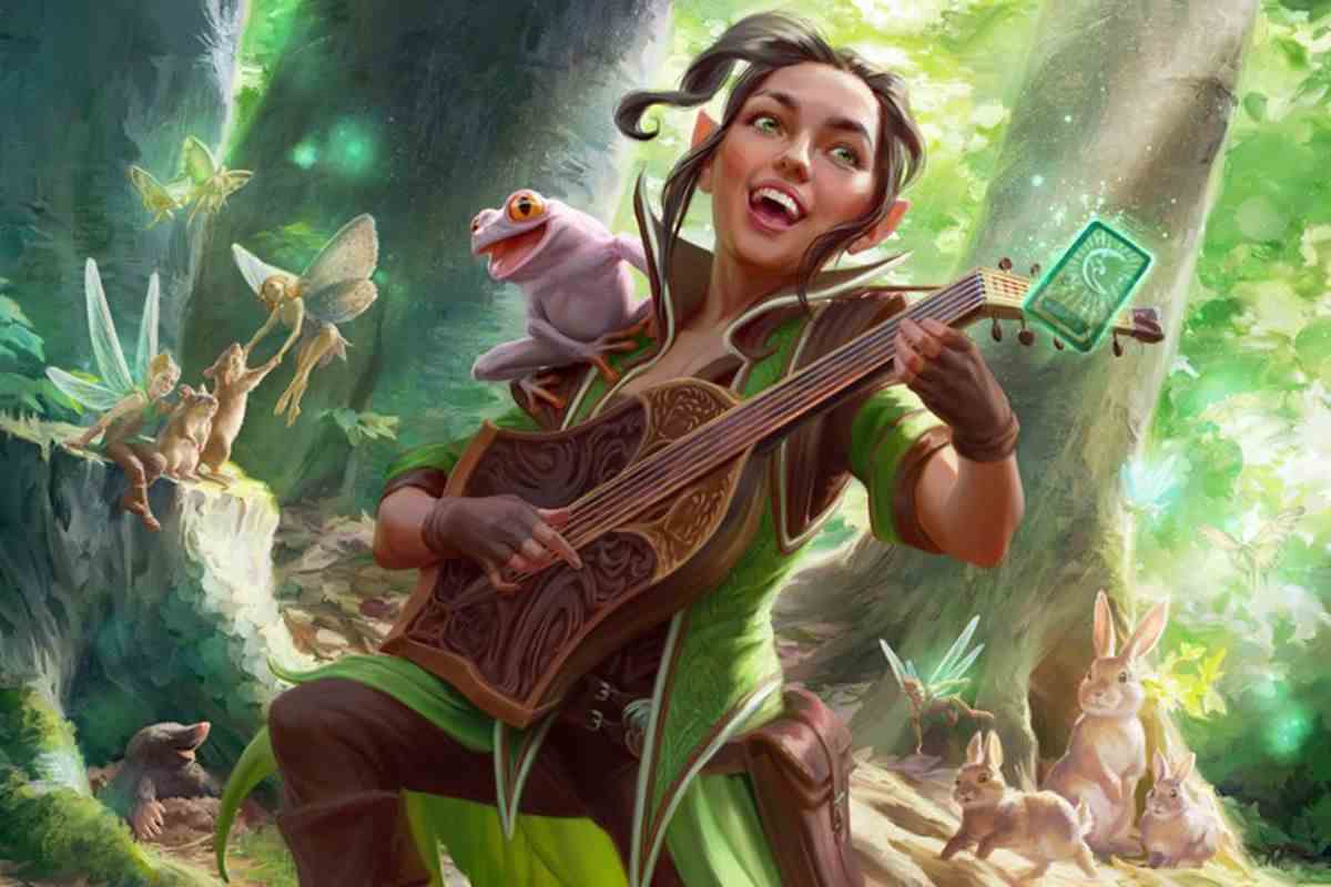 Ellywick Tumblestrum, un planeswalker et un personnage de The Wild Beyond the Witchlight danse à travers la forêt, une carte du Deck of Many Things cochée dans son luth.