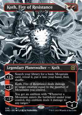 Koth, Fire Resistance est un planeswalker légendaire.  Cette carte sans bordure est rendue en noir et blanc.