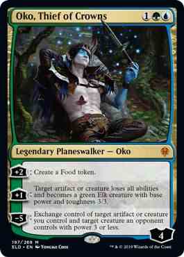 Oko, Thief of Crowns est un planeswalker légendaire.  Il est montré ici jouant avec un grand poignard.