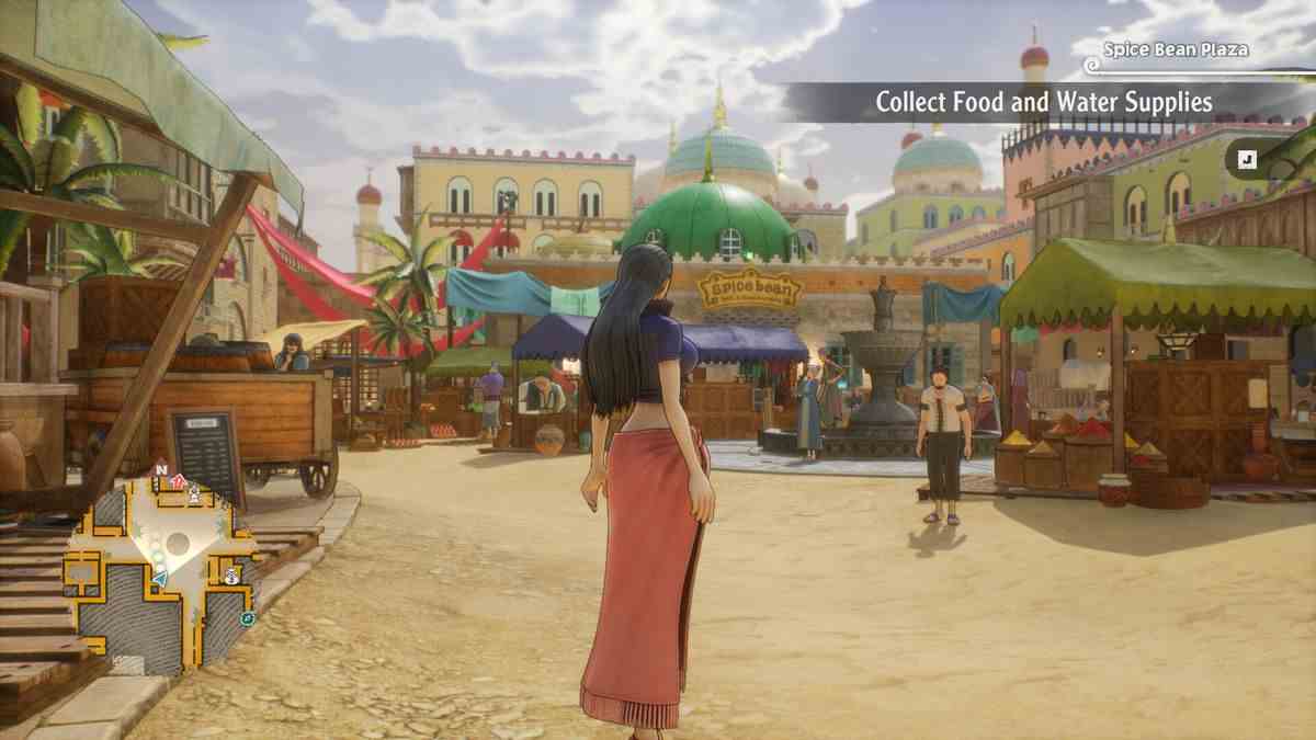 Une photo de Nico Robin de dos alors qu'elle arpente un marché lors d'une quête de récupération dans One Piece Odyssey