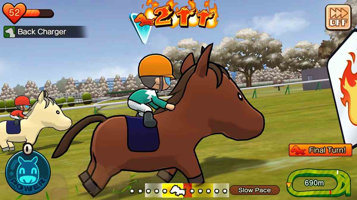 Une vue de profil en gros plan d'un cheval caricatural et de son jockey sur une piste de course herbeuse du jeu Pocket Card Jockey: Ride On!