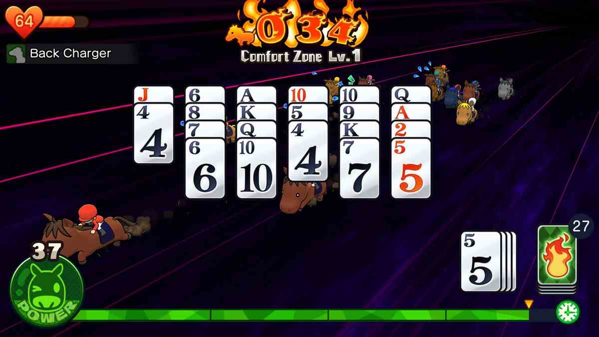 Une main solitaire est superposée sur une piste de course sombre remplie de chevaux de dessins animés dans le jeu Pocket Card Jockey : Ride On !