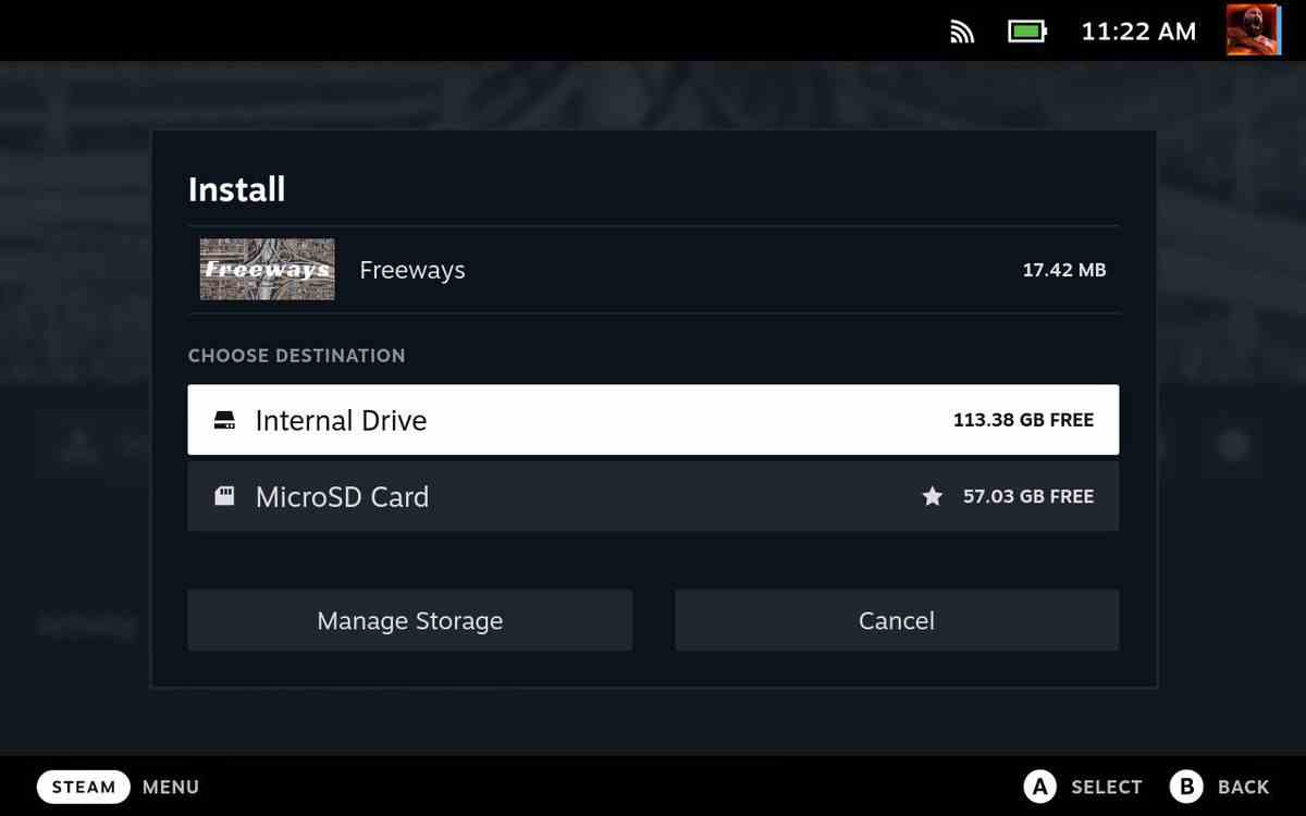 Installer un jeu Steam Deck et choisir sur quel stockage il se télécharge.